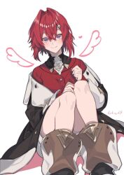 1girl 6tnut9 ange_katrina ange_katrina_(1st_costume) ankle_boots artist_name black_coat blush boots cardigan closed_mouth coat colored_shadow commentary_request crossed_bangs drawn_wings dress dutch_angle feet_out_of_frame hair_between_eyes hair_intakes hair_ornament heart knees_up long_bangs long_sleeves looking_at_viewer nijisanji off_shoulder purple_eyes red_cardigan red_hair shadow short_dress short_hair sitting smile solo straight-on triangle_hair_ornament virtual_youtuber white_background white_dress