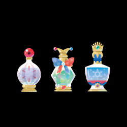 artist_request black_background bottle bow heart kirby&#039;s_dream_land_3 kirby&#039;s_return_to_dream_land kirby_(series) kirby_super_star magolor marx_(kirby) nintendo no_humans object_focus official_art perfume_bottle second-party_source simple_background traitor_magolor two-tone_bow zero_(kirby)