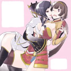 2girls @_@ black_thighhighs breasts character_request highres kunoichi_(sengoku_musou) licking licking_another&#039;s_face long_hair multiple_girls musou_orochi musou_orochi_3 one_eye_closed open_mouth panties ponytail see-through_clothes see-through_skirt skirt striped_clothes striped_panties thighhighs underwear white_panties yasuda_suzuhito yuri