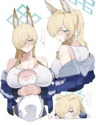 Rule 34 | 1boy, 1girl, animal ear fluff, animal ears, bare shoulders, blonde hair, blue archive, blue eyes, blue halo, blue jacket, blush, breasts, cleavage, closed eyes, collarbone, dog ears, doodle sensei (blue archive), extra ears, gurenola, hair over one eye, halo, highres, hug, jacket, kanna (blue archive), kanna (swimsuit) (blue archive), large breasts, long hair, looking at viewer, looking back, notched ear, one-piece swimsuit, ponytail, rectangular halo, sensei (blue archive), sharp teeth, sidelocks, strangling, swimsuit, teeth, white one-piece swimsuit