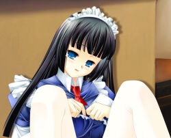1girl 2000s_(style) alice_(ragnarok_online) ascot ayase_mai_(jelly^2_fish) black_hair blue_dress blue_eyes blunt_bangs blush clothes_lift commentary_request dress dress_lift feet_out_of_frame hime_cut long_hair looking_at_viewer maid maid_headdress open_mouth out-of-frame_censoring pantyhose ragnarok_online red_ascot sidelocks sitting solo white_pantyhose
