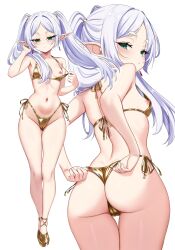 1girl absurdres ass bikini breasts cameltoe cowboy_shot elf frieren full_body gold_bikini grey_hair highres kiari_art multiple_views nipples pointy_ears side-tie_bikini_bottom simple_background small_breasts sousou_no_frieren swimsuit twintails white_background