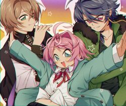 Rule 34 | 3boys, amemura ramuda, arisugawa dice, black jacket, coat, faux retro artstyle, fling posse, gradient background, green coat, green eyes, hair between eyes, highres, hypnosis mic, jacket, male focus, multiple boys, open mouth, outstretched arms, pink hair, red ribbon, ribbon, shirt, short hair, spread arms, white shirt, yumeno gentaro, zudzuki