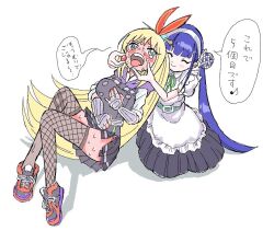 2girls apron aqua_eyes asymmetrical_legwear blonde_hair blue_hair breasts bun_cover double_bun e4illust feeding fishnet_thighhighs fishnets frilled_apron frills hair_bun hair_ornament hair_stick harness heaven_burns_red kanzaki_adelheid long_hair multiple_girls ponytail puffy_short_sleeves puffy_sleeves satsuki_mari short_sleeves thighhighs twintails very_long_hair yuri