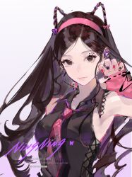 1girl aespa artist_name_(singer) black_nails closed_mouth commentary cross-laced_clothes cross-laced_top eyeliner fingerless_gloves gloves hairband highres k-pop long_hair looking_at_viewer makeup necktie ningning_(aespa) pink_gloves pink_hairband pink_nails pink_necktie real_life sleeveless solo upper_body zhanzhan_lan