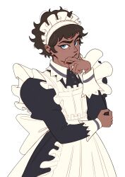 1boy alternate_costume apron back_ribbon black_dress blue_eyes brown_hair collared_dress commentary crossdressing dark-skinned_male dark_skin dress dungeon_meshi english_commentary enmaided frilled_apron frills hand_on_own_chin hand_on_own_elbow highres juliet_sleeves kabru lindriart long_sleeves looking_at_viewer maid maid_apron maid_headdress male_focus puffy_sleeves short_hair sleeve_cuffs solo thick_eyebrows white_sleeve_cuffs