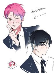2boys alien_stage black_hair black_jacket black_necktie blue_hair collared_shirt commentary diagonal-striped_clothes diagonal-striped_necktie english_commentary genderswap genderswap_(ftm) glasses heart heart-shaped_eyes highres index_finger_raised jacket male_focus mizi_(alien_stage) multicolored_hair multiple_boys necktie nikuman_0bun official_alternate_costume one_eye_closed pink_hair purple_eyes school_uniform ship_name shirt short_hair striped_clothes sua_(alien_stage) two-tone_hair uranus_symbol venus_symbol very_short_hair white_shirt yellow_eyes