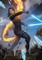 1girl black_jacket black_pants blue_lightsaber brown_eyes brown_hair colored_sclera dual_wielding energy_sword fire hifarry holding holding_sword holding_weapon ice jacket jedi lightsaber looking_at_viewer orange_eyes pants signature star_wars sword weapon yellow_sclera