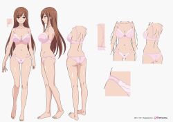 Rule 34 | 1girl, ass, ayane shirakawa, barefoot, bra, breasts, brown eyes, brown hair, cleavage, full body, large breasts, lingerie, long hair, navel, official art, overflow (anime), panties, pink bra, pink panties, reference sheet, solo, standing, underwear