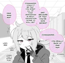 +++ 1girl chalkboard english_text girls&#039;_frontline gloves highres jacket locker m200_(girls&#039;_frontline) mesugaki necktie purple_eyes smart_oval smirk smug solo speech_bubble spot_color teasing trophy
