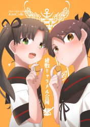 Rule 34 | 2girls, absurdres, ayanami (kancolle), ayanami kai ni (kancolle), brown eyes, brown hair, brown neckerchief, commentary request, green eyes, highres, kantai collection, multiple girls, neckerchief, orange background, ponytail, sailor collar, sailor shirt, school uniform, serafuku, shikinami (kancolle), shikinami kai ni (kancolle), shirt, side ponytail, tiger (tiger-kimu), translation request, upper body, white shirt