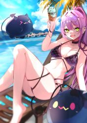 1girl bibi_(tokoyami_towa) bikini black_bikini black_tail breasts demon_girl demon_tail eyewear_on_head green_eyes high_ponytail highres hololive long_hair medium_breasts ponytail poteto25255 purple-tinted_eyewear purple_hair solo_focus sunglasses swimsuit tail tinted_eyewear tokoyami_towa virtual_youtuber water