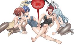 4girls absurdres akuma_no_riddle animal_ears arm_support azuma_tokaku bare_legs bare_shoulders barefoot blue_eyes blue_hair blush bottomless bow bowtie breasts clitoris clothed_sex collar commission cross-section eye_contact fake_animal_ears female_fertilization fertilization hand_on_another&#039;s_arm highres ichinose_haru impregnation kirigaya_hitsugi large_breasts leaning_back leenvidia leotard light_blue_hair long_hair looking_at_another medium_breasts medium_hair messy_hair multiple_girls namatame_chitaru open_mouth ovum pantyhose pink_eyes playboy_bunny pussy pussy_juice rabbit_ears rabbit_tail red_eyes red_hair scar shiny_skin shoes sitting small_breasts smile spread_legs tail teeth tongue tongue_out transparent_background tribadism twintails uncensored wrist_cuffs yellow_eyes yuri