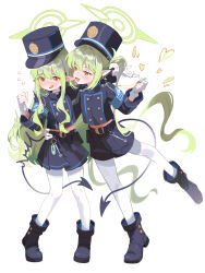 2girls absurdres armband black_tail blue_archive blue_armband blue_hat blue_shorts blue_skirt buttons demon_tail double-breasted gloves green_hair green_halo halo hat highres hikari_(blue_archive) long_hair long_sleeves miniskirt multiple_girls nozomi_(blue_archive) pantyhose pleated_skirt pointy_ears short_shorts shorts siblings sisters skirt tail train_conductor twins twintails very_long_hair white_gloves white_pantyhose yellow_eyes zhuozhuozhuo