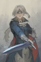 1girl agito_(agitoishere) ascot blindfold blonde_hair blue_surcoat brooch cape covered_eyes cowboy_shot dagger duchess_(elden_ring) elden_ring elden_ring_nightreign eye_mask facing_viewer foreshortening gloves highres holding holding_dagger holding_knife holding_weapon jewelry knife low_ponytail pants parted_bangs perspective pocket_watch ponytail signature simple_background two-sided_cape two-sided_fabric two-tone_cape watch weapon white_ascot white_gloves white_pants
