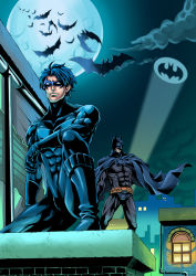 2boys bat_(animal) bat_signal batman batman_(series) belt black_hair bruce_wayne building cape city dc_comics dick_grayson domino_mask family father_and_son male_focus mask multiple_boys muscular nightwing outdoors superhero_costume tamaplus_