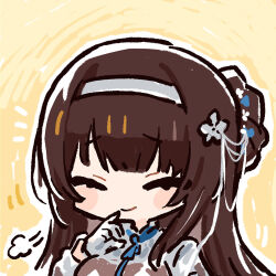 1girl breasts brown_hair chibi chibi_only chinese_commentary closed_eyes cui_pi_zha_xia_qiu daiyan_(neural_cloud) girls&#039;_frontline girls&#039;_frontline_neural_cloud gloves hairband hand_to_own_mouth large_breasts laughing long_hair mole mole_under_eye official_art puff_of_air second-party_source smile solo type_95_(girls&#039;_frontline) white_gloves