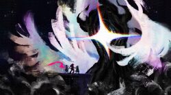 1boy 1girl 2others axe deltarune furry furry_female furry_male glowing goat_boy highres horns kris_(deltarune) monster multiple_others multiple_wings over_shoulder ralsei reptile_girl scarf scenery spoilers standing susie_(deltarune) sword theboatlord weapon weapon_over_shoulder wings