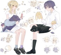 ... 1boy 1girl alternate_costume animal animal_ears animalization bandaid bandaid_on_knee bandaid_on_leg black_shoes black_shorts black_socks blonde_hair blue_jacket blue_sleeves blue_socks blunt_ends blush casual cellphone closed_mouth clothes_down collared_shirt contemporary detached_wings dress eyelashes flip_phone genshin_impact hair_between_eyes hand_in_pocket heart hetero highres holding holding_animal holding_phone holding_stuffed_toy index_finger_raised jacket jitome koyaaya leg_over_thigh letter long_sleeves looking_at_animal looking_at_viewer love_letter lumine_(genshin_impact) mary_janes mini_person miniboy minigirl mismatched_socks multiple_expressions notice_lines open_mouth oxfords peeking_out person_and_animalization phone puff_of_air puffy_sleeves purple_eyes purple_hair purple_socks rabbit_ears scaramouche_(cat)_(genshin_impact) scaramouche_(genshin_impact) shaded_face shirt shoes short_hair short_hair_with_long_locks short_sleeves shorts sidelocks sitting socks spoken_ellipsis star_sticker stuffed_toy tareme three-quarter_sleeves twitter_username white_background white_dress white_shirt wings yellow_eyes yellow_wings