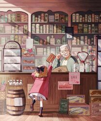 1boy 1girl artist_name beard black_bow black_socks blonde_hair bow brown_shoes candy child chocolate chocolate_bar collared_shirt commentary_request cupcake dated day dress facial_hair food glasses green_jacket hair_bow hinata_(echoloveloli) indoors jacket jar kneehighs lollipop long_sleeves mustache newspaper old old_man original round_eyewear scales shelf shirt shoes shop short_hair socks sunlight sweets valentine white_hair white_shirt