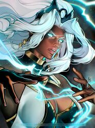 1girl black_tiara breasts cleavage commentary dark-skinned_female dark_skin earrings eye_trail glowing glowing_eyes jewelry light_trail lightning_bolt_earrings lightning_bolt_symbol looking_to_the_side marvel marvel_tokon:_fighting_souls open_mouth parted_bangs solo storm_(x-men) tholia_bentz tiara upper_body white_hair x-men