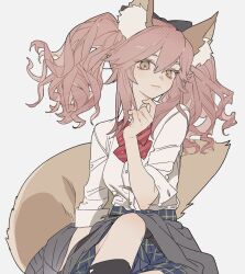 1girl animal_ear_fluff animal_ears arm_at_side black_bow black_socks blue_skirt bow bowtie breasts brown_eyes brown_tail buttons chinese_commentary closed_mouth clothes_around_waist commentary_request diagonal-striped_bow diagonal-striped_bowtie diagonal-striped_clothes double-parted_bangs dress_shirt fate/extella fate/extra fate_(series) fox_ears fox_girl fox_tail grey_background grey_sweater gyaru hair_between_eyes hair_bow hand_up highres invisible_chair knee_up kneehighs kogal light_smile long_hair looking_at_viewer looking_down medium_breasts miniskirt pink_hair plaid_clothes plaid_skirt red_bow red_bowtie school_uniform shirt simple_background sitting skirt socks solo striped_clothes sweater sweater_around_waist tail tamamo_(fate) tamamo_no_mae_(fate/extra) tamamo_no_mae_(jk)_(fate) three-quarter_sleeves twintails upper_body white_shirt yellow_stripes zhibuji_loom
