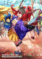 Rule 34 | 2girls, adachi yousuke, amusement park, artist name, black visor, blue jacket, blue shoes, cellphone, copyright notice, dragon musume ni naritakunai!, duel masters, food, from above, hair ornament, high ponytail, holding, holding phone, jacket, jurako ljuba, knee pads, long hair, looking at phone, midriff, multicolored hair, multiple girls, official art, open clothes, open jacket, open mouth, outdoors, phone, pleated skirt, ponytail, popcorn, print shirt, railing, red hair, red skirt, selfie, shirt, shoes, single leg pantyhose, skirt, smartphone, sukune maron, teeth, twintails, upper teeth only, very long hair, visor cap, white hair, white shirt, yellow skirt