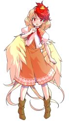 1girl alphes_(style) animal animal_on_head baby_animal bird bird_tail blonde_hair boots brown_boots chick closed_mouth commentary_request dairi dress feathered_wings full_body hand_up highres looking_at_viewer multicolored_hair neckerchief niwatari_kutaka on_head orange_dress parody puffy_short_sleeves puffy_sleeves red_eyes red_hair red_neckerchief shirt short_hair short_sleeves smile solo standing straight-on style_parody tachi-e tail touhou transparent_background two-tone_hair white_shirt wings