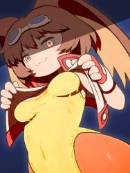 1girl :3 alternate_color animal_ears beeru_(veil8801) blue_background breasts brown_eyes brown_hair closed_mouth covered_navel cropped_jacket fingerless_gloves floppy_ears gloves goggles goggles_on_head highleg highleg_leotard highres jacket leotard makihara_arina open_clothes open_jacket orange_pantyhose pantyhose player_2 rabbit_ears red_gloves short_hair small_breasts smile solo waku_waku_7 white_jacket yellow_leotard