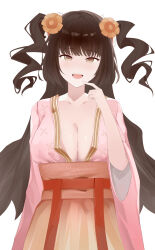 1girl absurdres breasts brown_eyes brown_hair chinese_clothes cleavage collarbone cowboy_shot drill_hair flower hair_flower hair_ornament highres large_breasts limbus_company long_hair long_sleeves looking_at_viewer open_mouth project_moon sash simple_background upper_body very_long_hair white_background wide_sleeves xue_baochai_(project_moon) youqimin_(jiegaozhong)