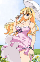 Rule 34 | 1girl, blonde hair, female focus, freezing (series), highres, looking at viewer, outdoors, pausama, satellizer el bridget, solo, solo focus, umbrella