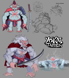 1boy absurdres armor arms_at_sides arms_up barefoot beard belly belt big_nose brain cape chipped_sword closed_eyes closed_mouth commentary cropped_head cross_scar curled_fingers drawpile_(medium) elbow_rest english_commentary english_text facial_hair fangs fighting_stance fingernails floating_hair full_body furry furry_male glaring glowing glowing_eyes grey_background greyscale hair_slicked_back hat highres holding holding_sword holding_weapon japanese_armor kusazuri leaning_back leaning_forward logo long_arms long_eyebrows long_fingernails long_sideburns long_toenails looking_at_viewer looking_to_the_side male_focus medium_hair meme monkey monkey_tail monochrome multiple_views muscular muscular_male mustache naked_armor narrowed_eyes neuron_activation_(meme) onsen open_mouth original partially_submerged pectorals pelvic_curtain pointy_ears reclining red_belt red_cape red_hat rope_belt scar scar_on_arm scar_on_chest scar_on_leg sharp_teeth sideburns simple_background single_sode sketch squatting steam straight-on strongman_waist sword tachi_(weapon) tail teeth thick_eyebrows thick_thighs thighs toenails torn_cape torn_clothes upper_body vertigris weapon white_beard white_fur white_hair x-ray