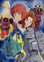 2boys 2girls al_cuzco amuro_ray artist_request blonde_hair brown_hair char_aznable elmeth g-3_gundam gloves gundam helmet mask mecha military military_uniform mobile_suit_gundam multiple_boys multiple_girls nude rick_dom rick_dom_char_custom robot rocket_launcher sayla_mass weapon