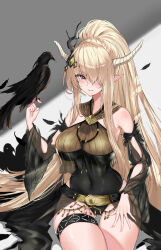 1girl arknights belt bird black_one-piece_swimsuit blonde_hair blush breasts commentary_request covered_navel crow grin hair_ornament highres horns long_hair looking_at_viewer official_alternate_costume one-piece_swimsuit pointy_ears red_eyes revision see-through_clothes shining_(arknights) shining_(silent_night)_(arknights) smile solo srpzk swimsuit very_long_hair