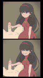 1girl artist_request black_hair blue_eyes cum dress expressionless glowing glowing_eyes hairband handjob highres loli long_hair naughty_face nier nier:automata nier_(series) out_of_frame out_of_frame_male penis red_dress red_girl_(nier) red_hairband sequential simple_background smile source_request square_enix