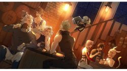 3girls 5boys animal_ears barrel black_hair blonde_hair brown_hair bartz_klauser cat_ears cat_tail cecil_harvey cloud_strife dissidia_final_fantasy drinking final_fantasy final_fantasy_i final_fantasy_iv final_fantasy_v final_fantasy_vii final_fantasy_xi final_fantasy_xiii final_fantasy_xiv final_fantasy_xv grey_hair highres lightning_farron miqo&#039;te multiple_boys multiple_girls noctis_lucis_caelum pink_hair pointy_ears shantotto shio_ga shirt spiked_hair table tail tank_top tankard tarutaru warrior_of_light_(ff1) white_hair window y&#039;shtola_rhul