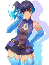 1girl bare_shoulders blue_hair breasts brighid_(xenoblade) brighid_(xenoblade)_(cosplay) brown_eyes cosplay dress elbow_gloves gloves glowing glowing_hair looking_at_viewer medium_breasts medium_hair sena_(xenoblade) short_dress side_ponytail thighhighs white_background xenoblade_chronicles_(series) xenoblade_chronicles_2 xenoblade_chronicles_3 yaizaberry