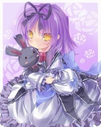 1girl blush bow doll dress eiyuu_densetsu falcom female_focus frills hair_bow purple_background purple_hair purple_theme renne_(eiyuu_densetsu) saru short_hair smile solo sora_no_kiseki white_dress yellow_eyes