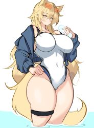 Rule 34 | 1girl, absurdres, arknights, blonde hair, blue jacket, breasts, bright pupils, closed mouth, cosplay, covered navel, groin, hair between eyes, hand on own hip, highleg, highleg one-piece swimsuit, highres, holding, jacket, kanna (blue archive), kanna (blue archive) (cosplay), kanna (swimsuit) (blue archive), large breasts, long hair, long sleeves, looking at viewer, nearl (arknights), one-piece swimsuit, simple background, solo, standing, swimsuit, tail, thigh strap, very long hair, wading, white background, white one-piece swimsuit, white pupils, yellow eyes, yellow tail, yosua 0669