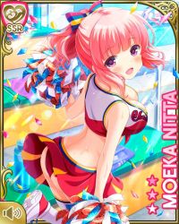1girl alternate_costume alternate_hairstyle ass blue_bow bow breasts card_(medium) character_name cheerleader cleavage collarbone confetti from_behind front-tie_top girlfriend_(kari) gym holding indoors large_breasts locker miniskirt navel nitta_moeka official_art open_mouth pink_hair pom_pom_(cheerleading) ponytail purple_eyes qp:flapper red_shirt red_skirt shirt short_hair skirt smile solo standing standing_on_one_leg swimsuit tagme