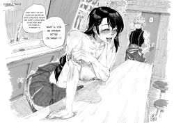 1boy 1girl aarokira absurdres although_she_hurriedly_put_on_clothes_(meme) blush cloud_strife counter couple covered_erect_nipples disheveled english_text faucet final_fantasy final_fantasy_vii greyscale heavy_breathing hetero highres implied_after_sex meme monochrome skirt speech_bubble stool strap_slip suspender_skirt suspenders tank_top tifa_lockhart
