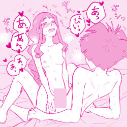 1boy 1girl amanokawa_hiro aroused blush breasts breasts_apart censored kodomo_doushi completely_nude couple couple_sex cowgirl_position digimon digimon_ghost_game female_orgasm girl_on_top hair_ribbon half-closed_eyes heavy_breathing intense_sex long_hair medium_breasts moaning monochrome motion_lines nipples nude orgasm ribbon sex sidelocks small_nipples straddling sweat teenager_on_teenager translation_request tsukiyono_ruli twitching vaginal very_long_hair