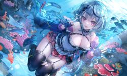 1girl azic_(azicfu) black_gloves black_thighhighs breasts cleavage collar coral dutch_angle fingerless_gloves fish garter_straps gloves grey_hair hololive medium_hair sakamata_chloe thighhighs torn_clothes torn_thighhighs underwater virtual_youtuber