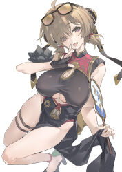 1girl absurdres bare_legs black_dress black_gloves black_shoes blonde_hair breasts china_dress chinese_clothes chinese_commentary commentary_request dress eyewear_on_head fingerless_gloves gloves hand_fan hand_up headgear highres holding holding_fan large_breasts legs looking_at_viewer lushi_jin_up open_mouth pelvic_curtain purple_eyes shoes short_hair simple_background single_fingerless_glove smile solo sunglasses sweety_(zenless_zone_zero) thighs tinted_eyewear tuanshan underboob white_background yellow-tinted_eyewear zenless_zone_zero