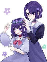 2girls :d absurdres aegyo_sal aged_down alternate_hair_length alternate_hairstyle arm_up asahina_mafuyu asahina_mafuyu&#039;s_mother belt black_choker blue_dress bow bowtie brown_belt check_commentary child choker closed_mouth collarbone collared_dress commentary_request cowboy_shot dress flower flower_wreath frilled_sleeves frills green_flower hair_flower hair_ornament hand_mirror hand_on_another&#039;s_head head_wreath highres holding holding_mirror jewelry jishou_210 juliet_sleeves long_sleeves looking_at_another looking_at_mirror medium_hair mirror mother_and_daughter multiple_girls necktie open_mouth project_sekai puffy_short_sleeves puffy_sleeves purple_eyes purple_flower purple_hair red_bow red_bowtie red_choker ring sailor_collar short_hair short_sleeves simple_background sitting smile standing teeth tongue upper_teeth_only white_background white_necktie white_sailor_collar