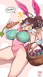 1girl animal_ears basket blonde_hair blue_eyes bodypaint brown_hair carrot dated detached_collar easter_egg egg english_text floating_headgear gattles gradient_hair headgear highres holding holding_carrot multicolored_hair nipples notice_lines nude open_mouth original pink_hair rabbit_ears rabbit_tail signature solo speech_bubble stopwatch sundae_(gattles) tail watch