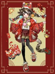 1girl :3 absurdres animal_hat belt black_belt black_pantyhose brown_hair brown_shoes chinese_commentary chinese_new_year chinese_zodiac coin commentary_request commission flat_chest foot_up full_body fur-trimmed_jacket fur_trim hair_ribbon hat highres holed_coin jacket long_sleeves multicolored_hair open_clothes open_jacket open_mouth original pantyhose pantyhose_under_shorts pom_pom_(clothes) red_eyes red_hat red_jacket red_ribbon red_shorts ribbon scarf shirt shoes shorts smile solo swept_bangs tail tail_ornament tail_ribbon tiger tiger_girl tiger_tail two-tone_hair two-tone_scarf vihua6 watermark white_hair white_shirt wide_sleeves year_of_the_tiger