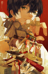 1boy absurdres alarm_clock bandaid bandaid_on_cheek bandaid_on_face bandaid_on_finger black_hair book book_stack box chinese_commentary clock closed_mouth commentary_request crossed_arms earrings expressionless eyelashes fingernails flower grey_eyes hair_between_eyes highres jewelry light_particles lily_(flower) lips long_sleeves looking_at_viewer male_focus mengxiaheqing original palms paper_cutout red_background shirt short_hair solo stud_earrings upper_body watermark weibo_watermark white_flower white_shirt