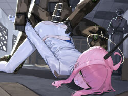 1girl 2boys bar_censor blue_archive blunt_bangs blush censored clenched_teeth coat cybercock gloves green_eyes gun gun_to_head hand_on_another&#039;s_head held_down highres imminent_penetration imminent_rape indoors jacket kaya_(blue_archive) long_sleeves mechanical_penis multiple_boys on_one_knee one_eye_closed pantyhose penis pink_hair precum rape restrained robophilia robot signalviolet standing teeth top-down_bottom-up torn_clothes torn_pantyhose weapon white_gloves white_jacket white_pantyhose