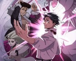 1girl 1other 2boys black_hair blonde_hair brown_hair colored_sclera energy forehead highres ishigori_ryu jujutsu_kaisen kurimilove multiple_boys nude okkotsu_yuuta orimoto_rika pompadour purple_eyes smile uro_takako